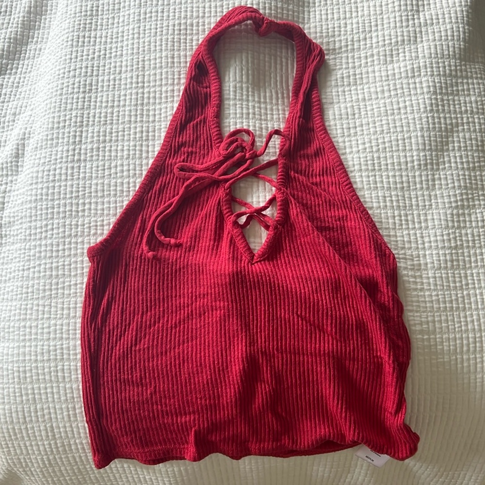 Red cropped halter top with tie front ribbed material